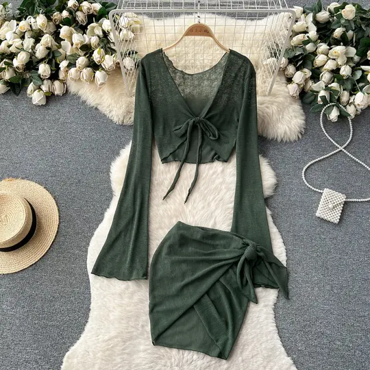 Sexy European and American pure desire suit French cardigan jacket + hip skirt two-piece suit R2227