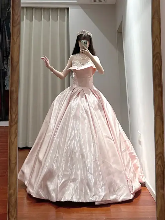Light pink strapless fitted waist slim-fitting ball gown/bridal dress R8631