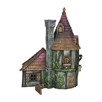 Merrygold Close 28mm 3D printed medieval fantasy town terrain, painted example, three-quarter view