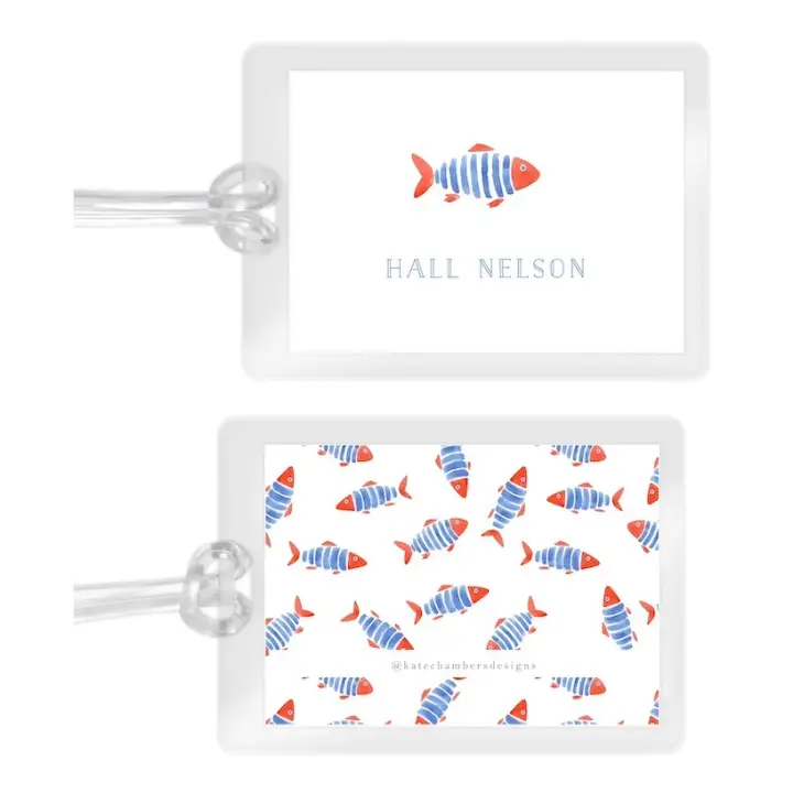 Boy's Coral & Blue Watercolor Fish Laminated Bag Tag