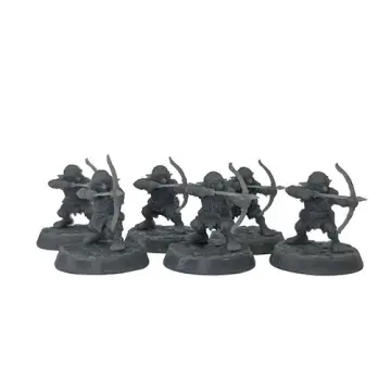A front-view photograph of a squad of six unpainted grey resin goblin archer miniatures against a white background. Each goblin is crouched and aiming a drawn bow, standing on a circular, cobblestone-textured base.