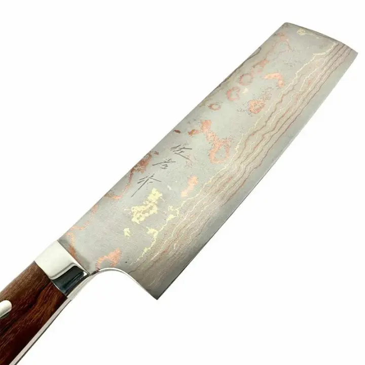 Takeshi Saji Blue #2 Rainbow Damascus Nakiri with Ironwood Handle
