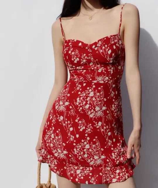 French retro girl red bottom floral dress waist slim ruffled suspender dress R2819
