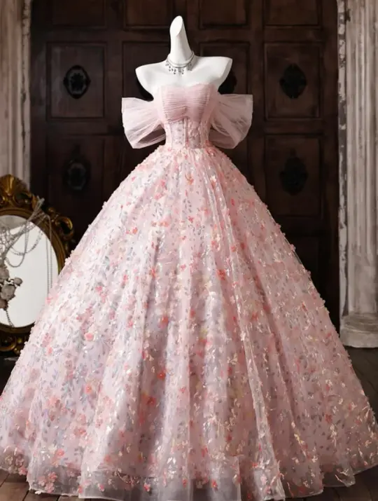 Tulle Floral Puffy Corset Prom Gown ,Dreamy Pink Maxi Birthday Dress Quinceanera Dress RS2004