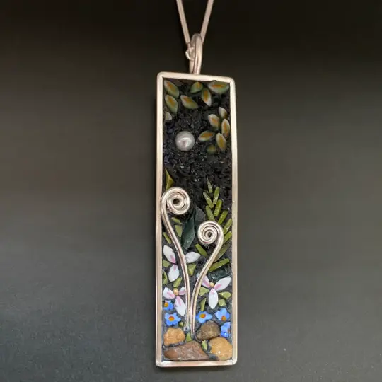 Night garden Pendant with Fiddleheads, Trillium and Forget-Me-Nots