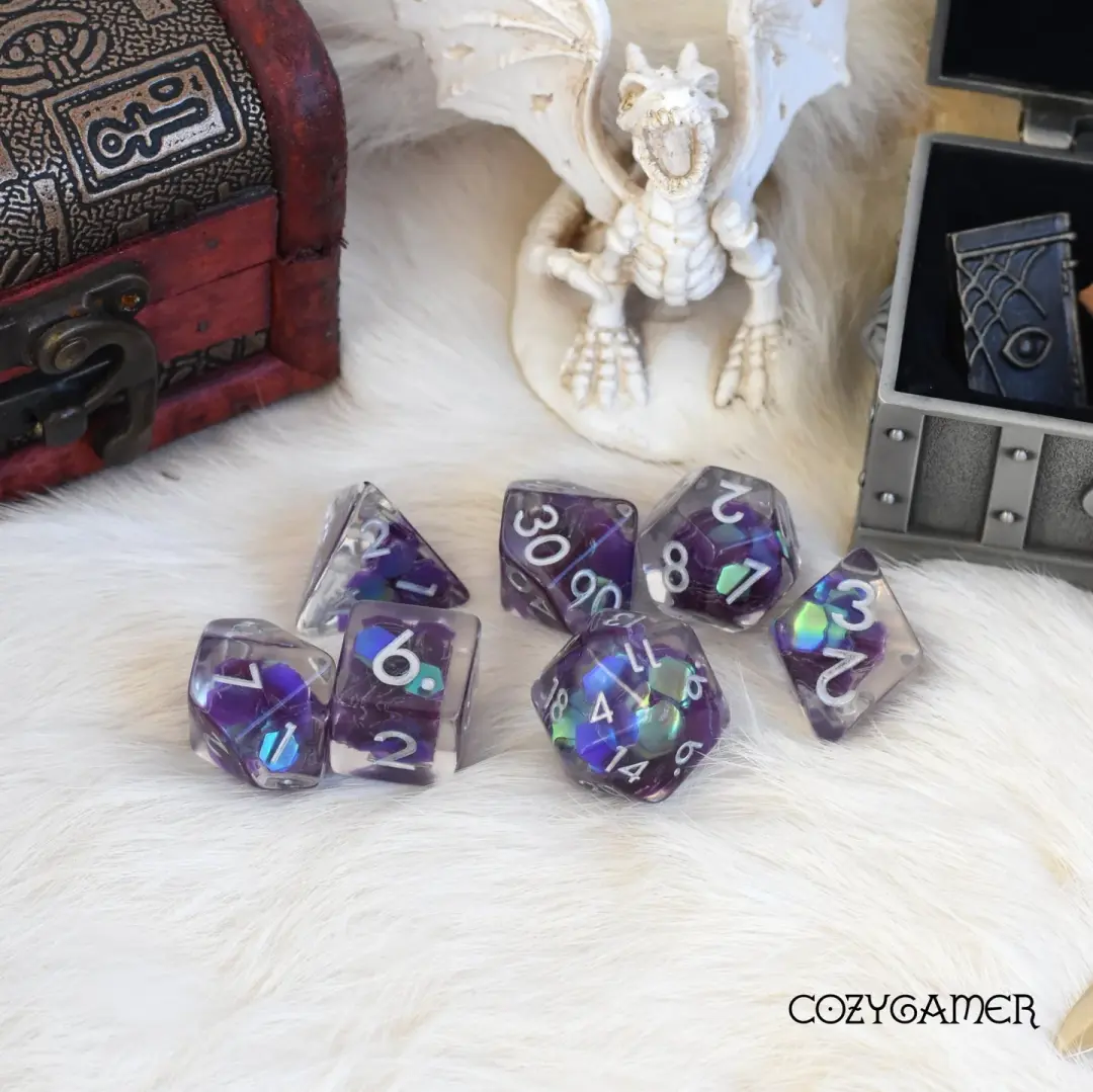 Amethyst Glint Dice Set – 7-Piece Clear Iridescent Hexagon Glitter DnD Dice