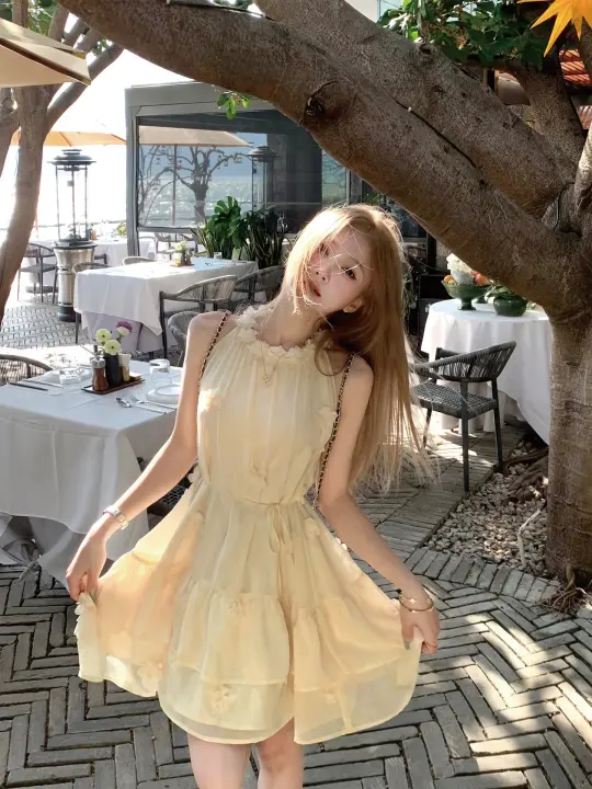 Cream Yellow Halter Neck Dress Summer French Tulle Short Skirt Babydoll Skirt R3833