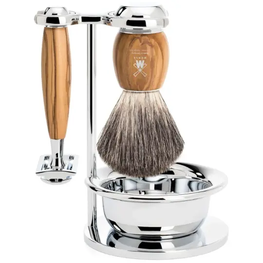 MÜHLE VIVO 4 Pc. Shaving Set, Pure Badger Brush & Safety Razor, Olive Wood