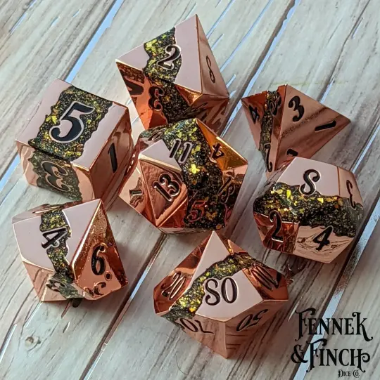 Fissure Metal Dice Set – 7-Piece Copper Green Gold Glitter Stripe DnD Dice