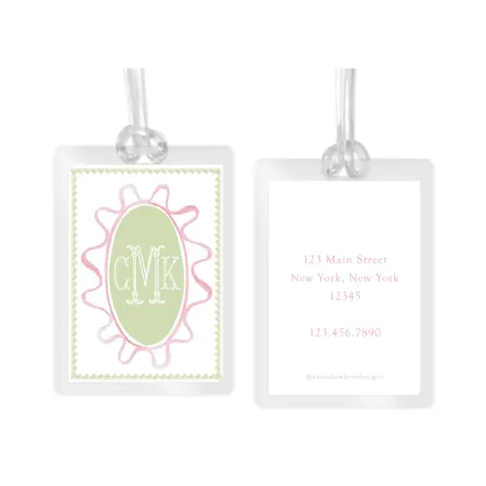 Girl's Watercolor Pink & Green Border Laminated Bag Tag