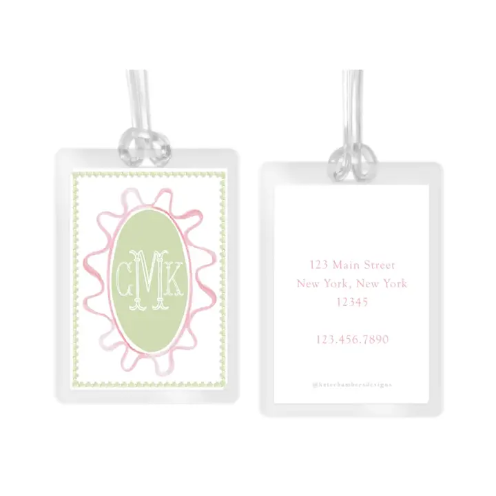 Girl's Watercolor Pink & Green Border Laminated Bag Tag