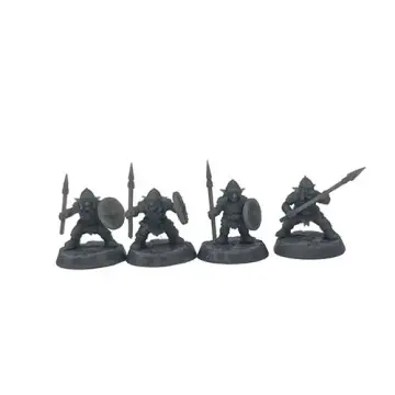 A front-view photograph of four unpainted grey resin goblin warrior miniatures against a white background. The figures wear pointed helmets and scale armor, each wielding a spear and carrying a round shield. They are posed dynamically on circular, cobblestone-textured bases.