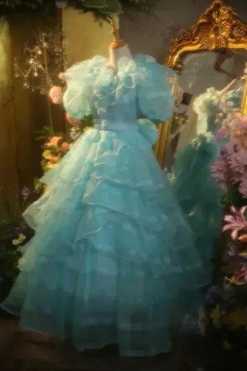 Light blue puff sleeves, fitted waist, full skirt, ball gown, bridal gown R7260