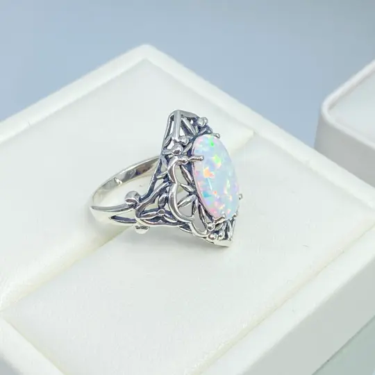 Opal Ring, Size 7, Gothic Filigree Ring - Vintage Style Ring D98 - Ready to Ship