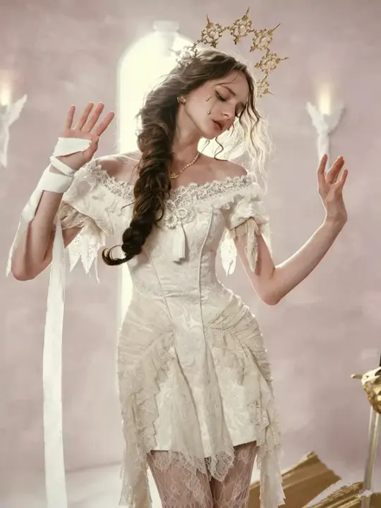 Stylish White Corset Dress Lace Detail Asymmetrical Design R9199