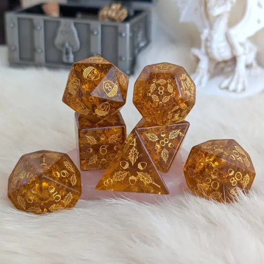 Acorn and Oak Brown Lightning Glass Dice Set – Engraved DnD Dice | Fennek & Finch