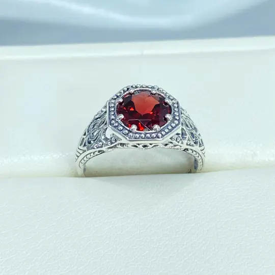 Natural Garnet Ring, Size 9, Sterling Silver Victorian Jewelry #D11 - Ready to Ship