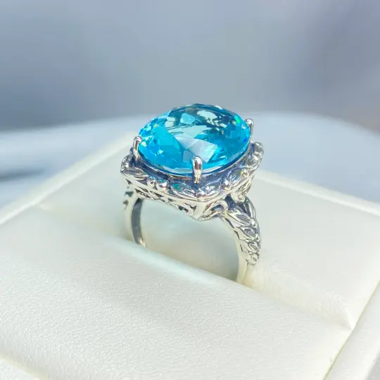 Aquamarine Ring, Size 9, Leaf Accent Filigree, Oval Cut Gem, Design#D120 - Ready to Ship