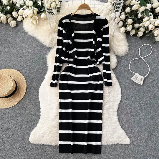 Pear-Shaped Body Two-Piece Suit Knitted Cardigan Jacket Striped Suspender Slim Fit Dress R2309