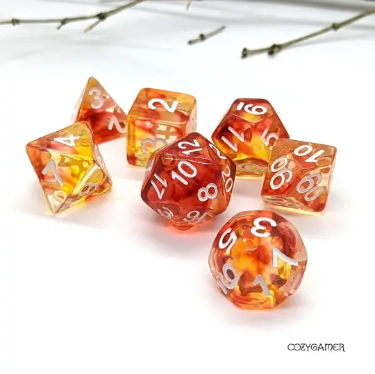 Flames Dice Set – 7-Piece Red Orange Yellow Fire DnD Dice