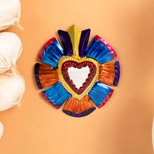 Medium Mexican Crown Milagro Tin Heart with Mirror