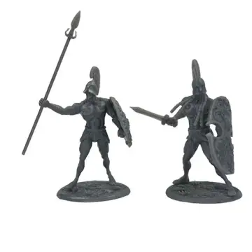 Unpainted 28mm 3D-printed iron golem pair in crested Corinthian helms, one with raised spear and round shield, one with sword and tall carved shield, tabletop RPG miniature for D&D, Pathfinder & wargaming