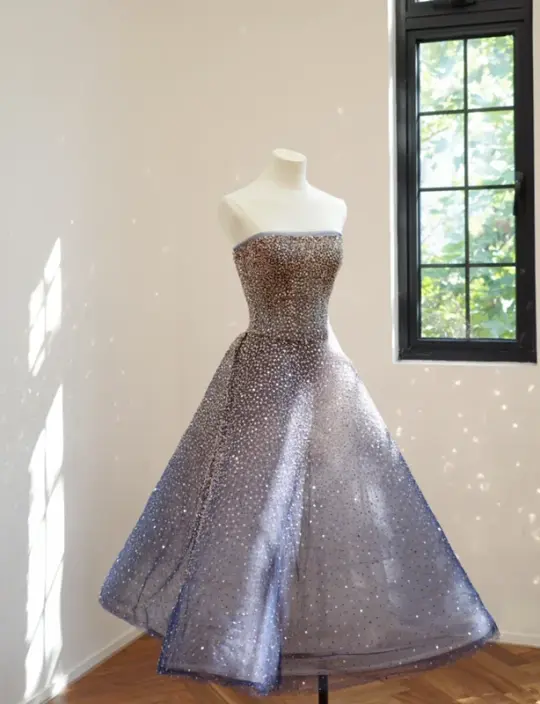 Dark blue strapless sequined midi ball gown with a cinched waist and full skirt R8509