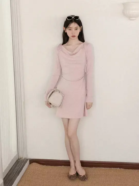 Dusty Pink Cowl Neck Long Sleeve Dress with Shoulder Ties R9174