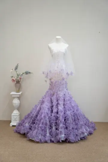 White strapless fitted waist long ball gown with purple floral maxi skirt R8899