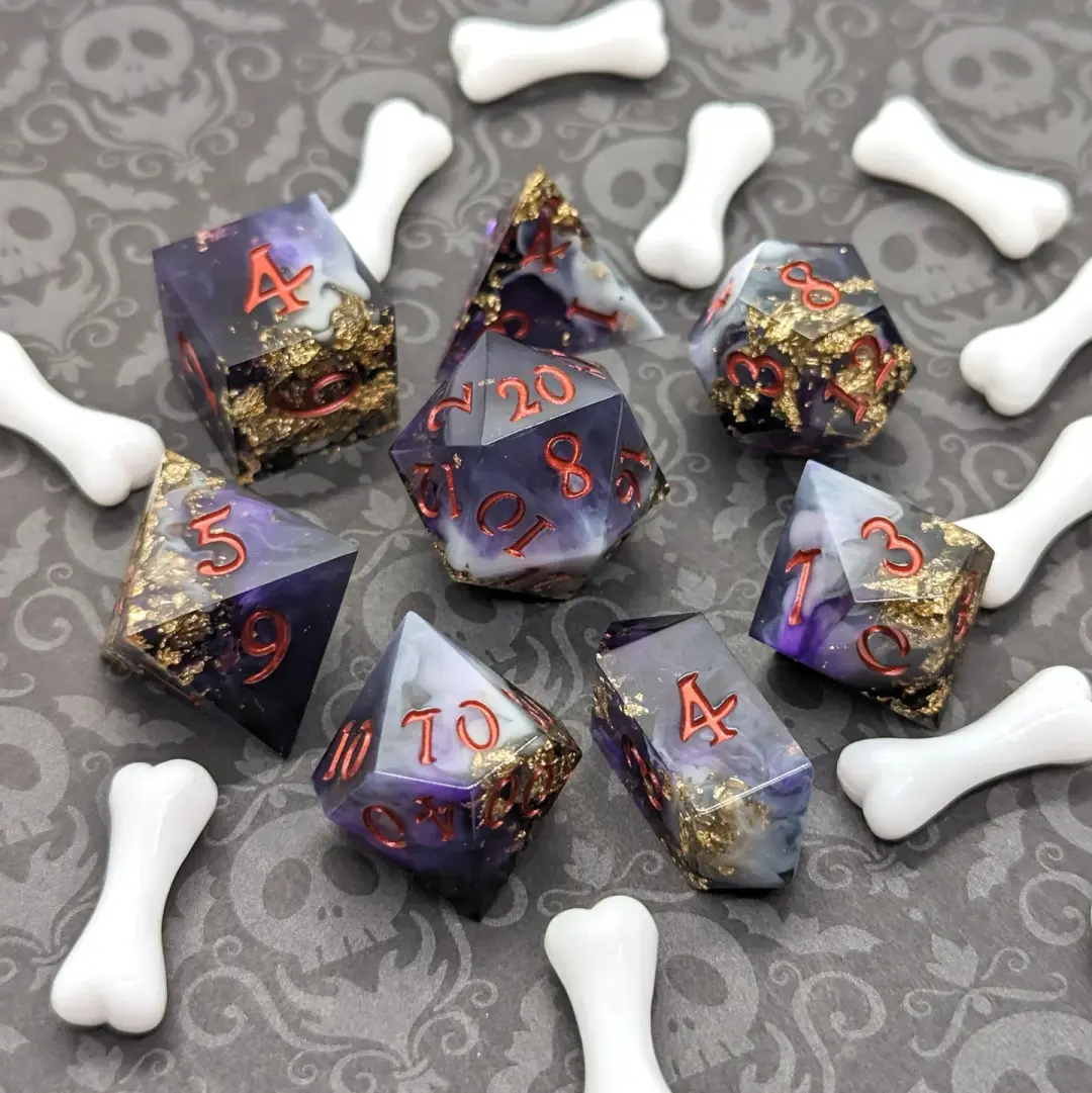 Bone Empress Dice Set – 7-Piece Purple White Swirled DnD Dice | Fennek & Finch