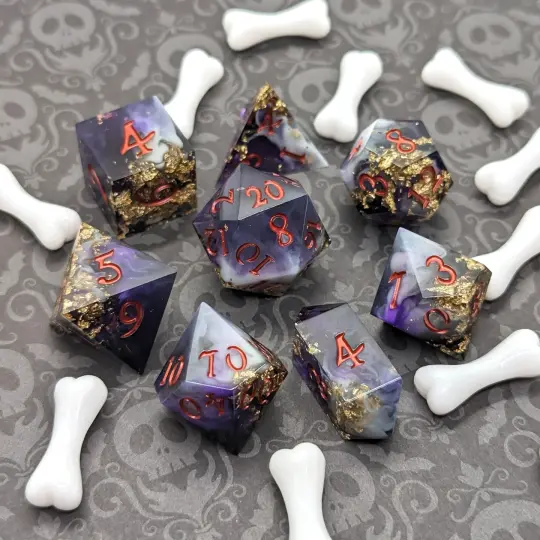 Bone Empress Dice Set – 7-Piece Purple White Swirled DnD Dice | Fennek & Finch