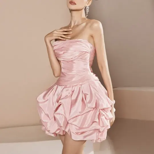 Cute Pale Pink A-Line Strapless Mini Women Dress with Fold Birthday Dress Evening Dress RS078