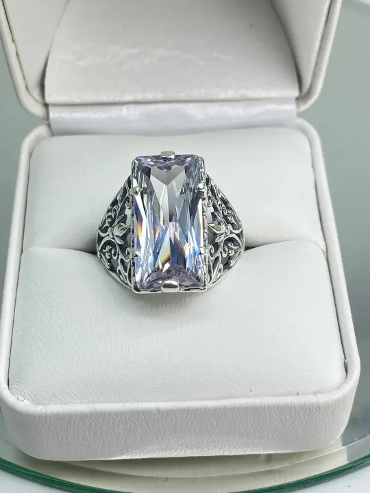 White CZ Ring, Size 5, Baguette Gem, Floral Leaf Filigree, Victorian Jewelry, D32 - Ready to Ship