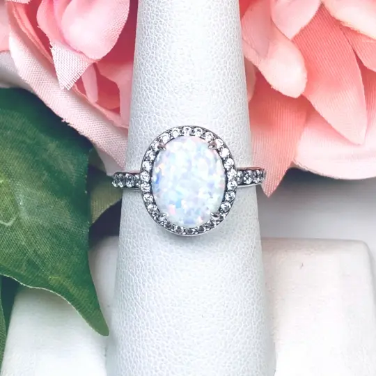 Opal Halo Ring, Size 7, White CZ Gems, Art Deco Sterling Silver Filigree #D228 - Ready to Ship