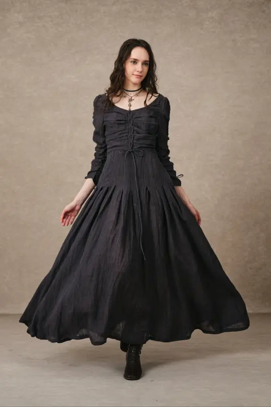 Emma 11 | Lace-Up Ruched Linen Maxi Dress