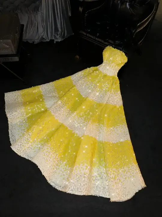Yellow sequined strapless long ball gown with a fitted waist and full skirt R8734