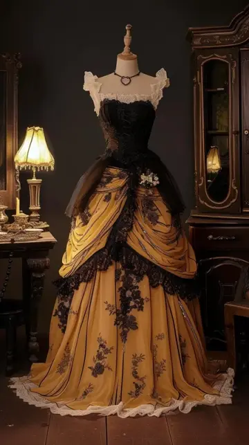 Black fitted bodice with gold tulle skirt, ball gown R8128