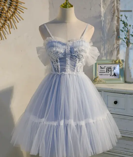 Dreamy Blue Homecoming Dress , Embroidered Tulle Pretty Corset Short Prom Dress Cami Dress RS1692