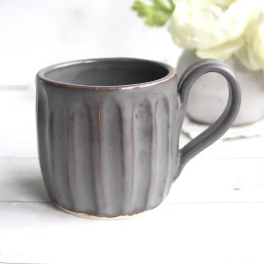Hand Carved Grooved Pottery Mug in Satin Gray Glaze, Made in USA