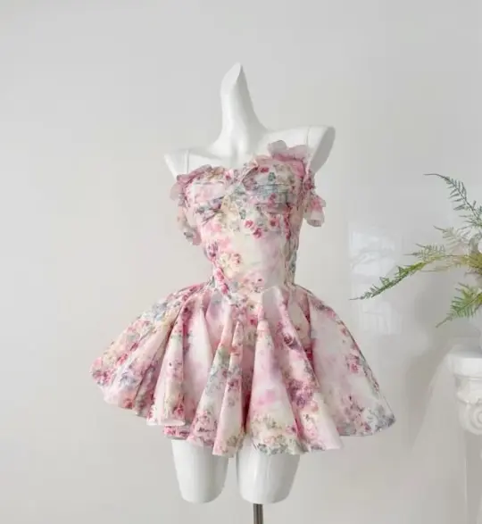 Dreamy Floral Homecoming Dress , Flowy CottageCore Corset Short Prom Dress Summer Dress RS1573