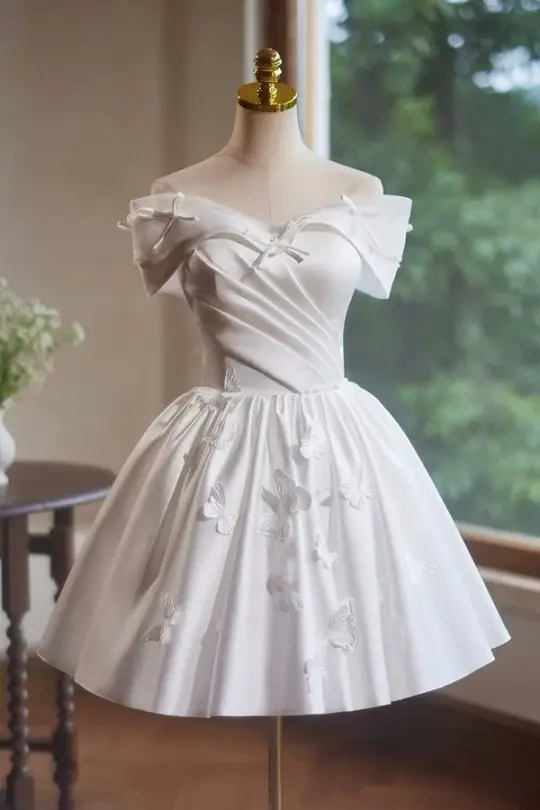 White one-shoulder gentle sexy waist slim A-line short skirt homecoming dress R3361
