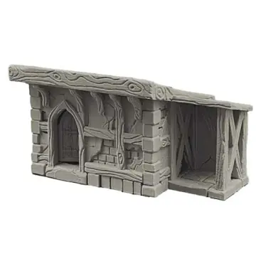An unpainted, light grey 3D-printed tabletop miniature of a medieval fantasy storehouse or shed. The structure features a mix of exposed stone block walls and heavy, rustic wooden beams. On the left is an enclosed section with an arched wooden door, while the right side features an open, covered lean-to area supported by thick wooden pillars and cross-bracing over a stone floor. The building has a simple, slanted roof with prominent wood grain textures along the trim. Isolated on a white background.