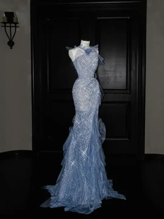 Light blue suspender sequined waist slim hip long skirt, prom dress R5630