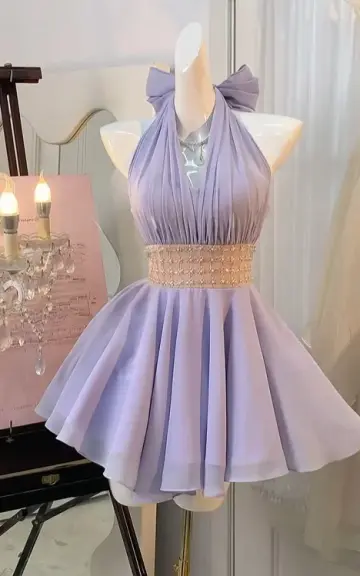 Minimalist Lavender Homecoming Dress , Silky Halter Corset Short Prom Dress Summer Dress RS1388