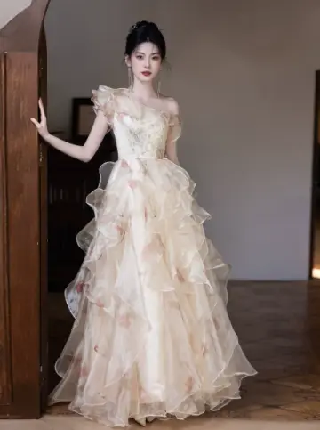 Elegant Ivory Floral A-Line One-shoulder Corset Maxi Evening Dress RS571