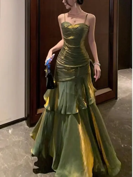 Elegant Bud Green A-Line Spaghetti Straps Long Women Dress Evening Dress Prom Dress RS118