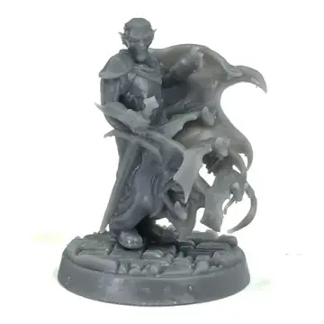 Unpainted 32mm 3D-printed vampire noble in a tattered cape with blade and bats, tabletop wargame and RPG miniature for D&D, Pathfinder and rank and flank armies