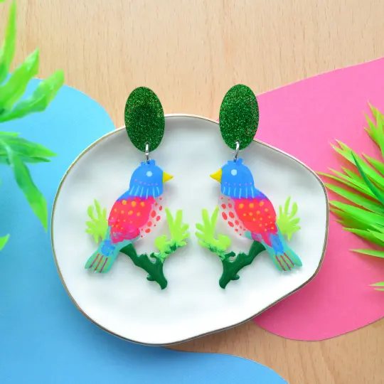 Colorful Tropical Bird Laser Cut Acrylic Earrings