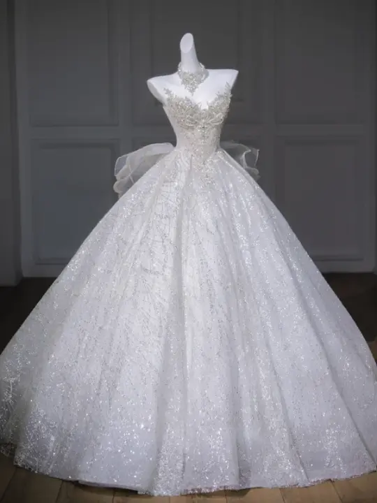 White butterfly tube top diamond waist slim fit puffy skirt long dress bridal gown R5816