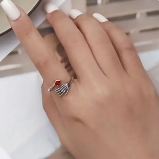Skull Hug Wrap Ring in Sterling Silver with Ruby Heart Crystal